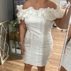 white off the shoulder ruffled dress